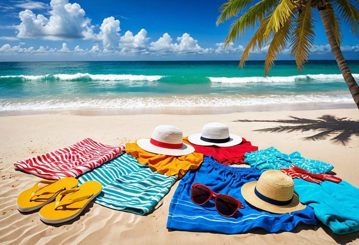 A vibrant beach scene featuring a variety of beachwear essentials such as colorful swimsuits, stylish hats, flip-flops, and beach towels scattered on soft golden sand. In the background, a serene ocean waves gently lapping the shore with a bright blue sky and fluffy white clouds. Playful beach accessories like sunglasses and beach balls can be included for a fun touch. The overall atmosphere should evoke a sense of adventure and relaxation at the coast. super-realistic. vibrant colors. bright background.